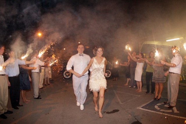 nashville wedding, sparkler exit, bride, groom, evening, centennial park